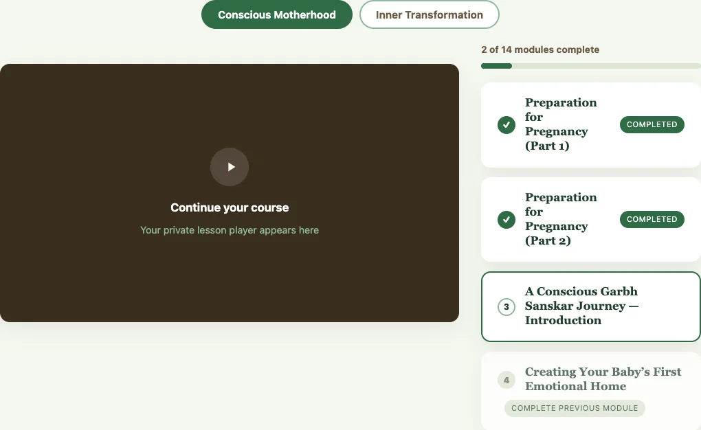 Preview of the Breathe and Bloom course dashboard with a lesson player and module list