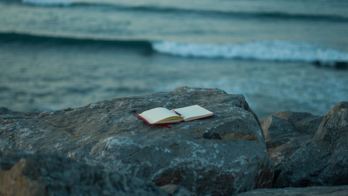 An open journal resting on a rock by the ocean